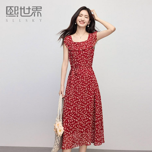 熙世界红色碎花连衣裙女夏日新款法式茶歇花边U领收腰雪纺长裙子