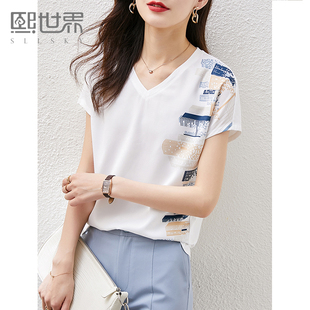 熙世界2025夏装新款短袖V领T恤很仙雪纺衫女气质宽松百搭印花上衣