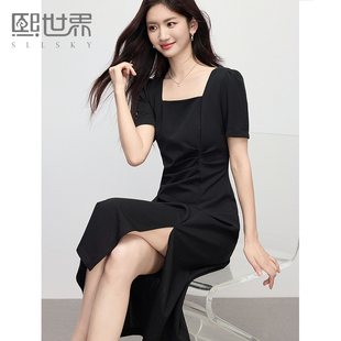 熙世界法式 开叉小黑裙 赫本方领连衣裙女2025夏天新款 气质收腰修身