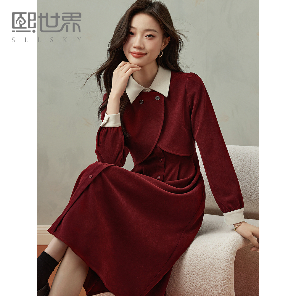 熙世界秋冬马甲式假两件新年红色连衣裙女磨绒赫本风气质中长裙