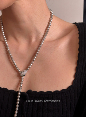 安小柏◆自制高级感晚宴韩国高亮人工珍珠灵蛇微镶锆石项链毛衣链