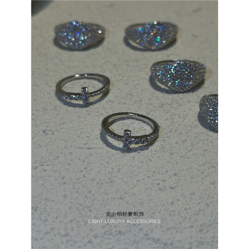 安小柏 通体S925纯银戒指法式ins欧美锆石满钻尾戒十字架简约闪耀