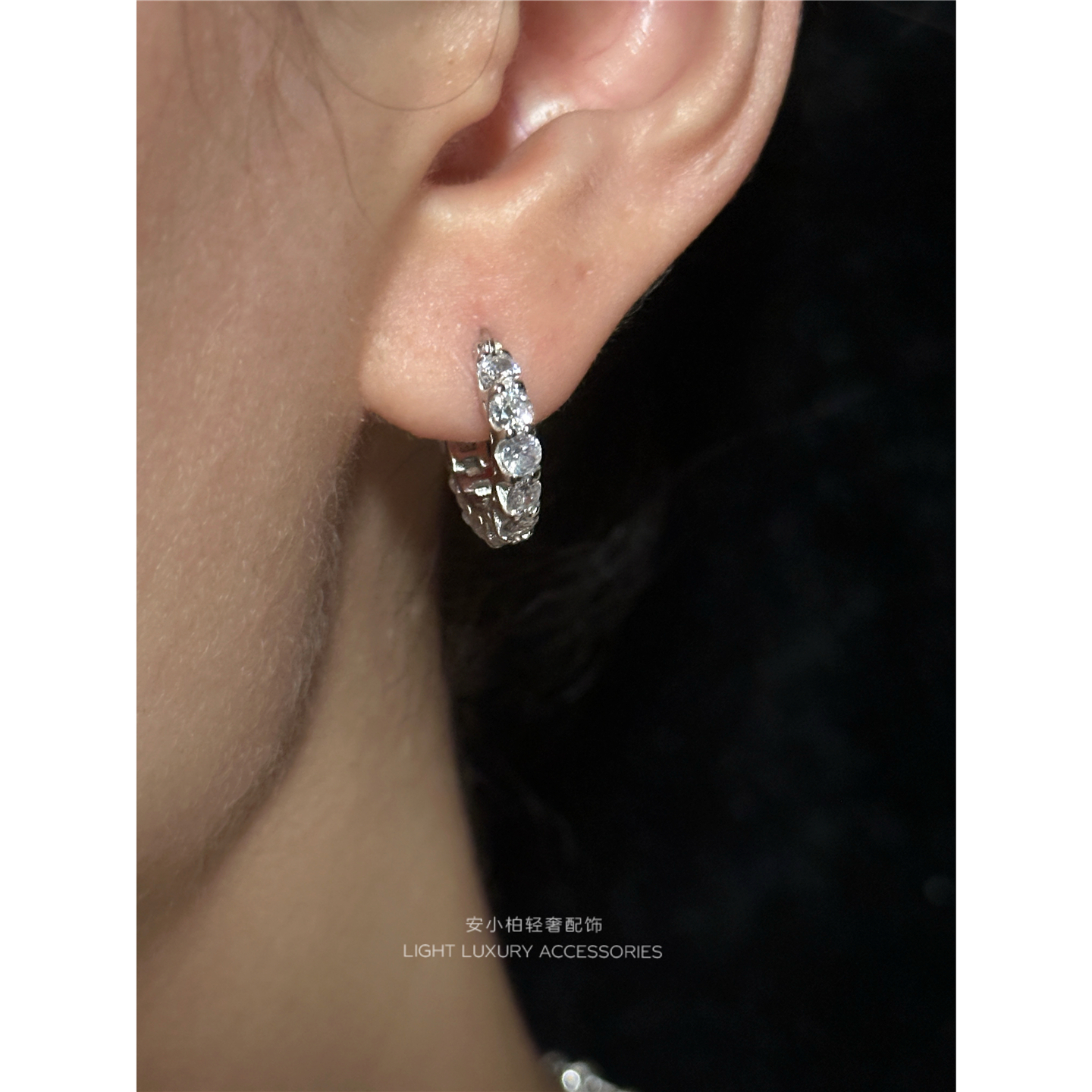 安小柏 闪！欧美通体925纯银 满镶锆石耳圈耳扣耳环男女嘻哈叠带