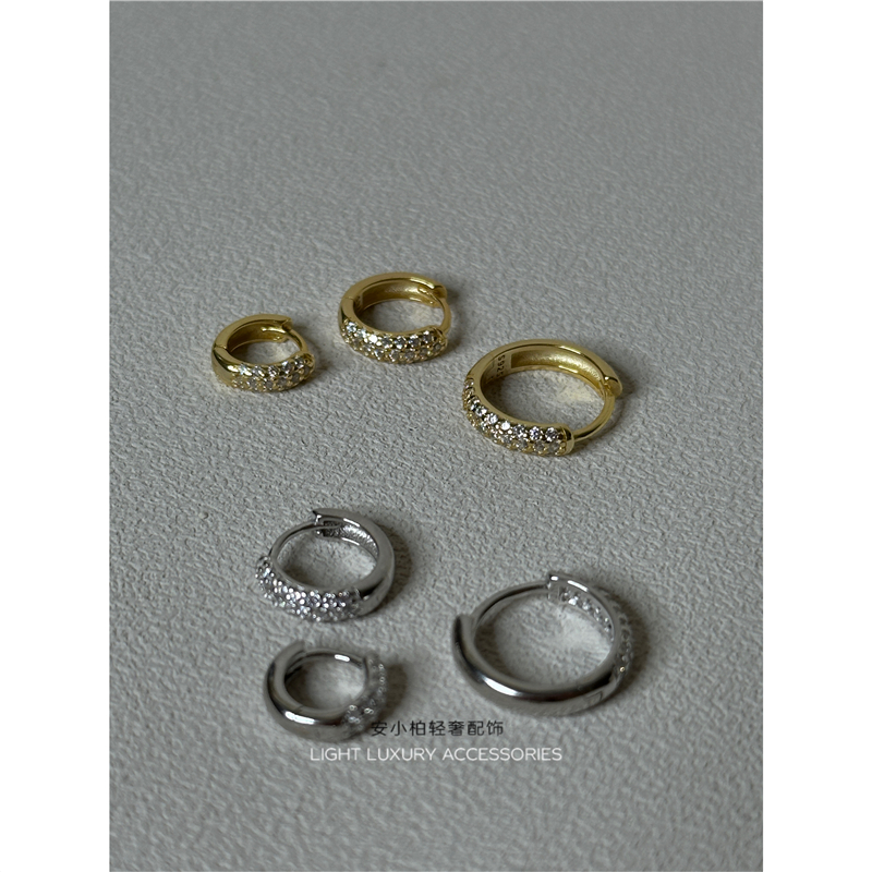 安小柏◆通体S925纯银微镶锆石耳环闪亮排钻耳扣耳圈美式男女同款