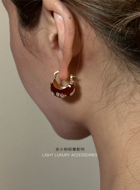 安小柏 2026新款新年复古红色滴釉小篮子微镶锆石耳扣耳环耳饰女