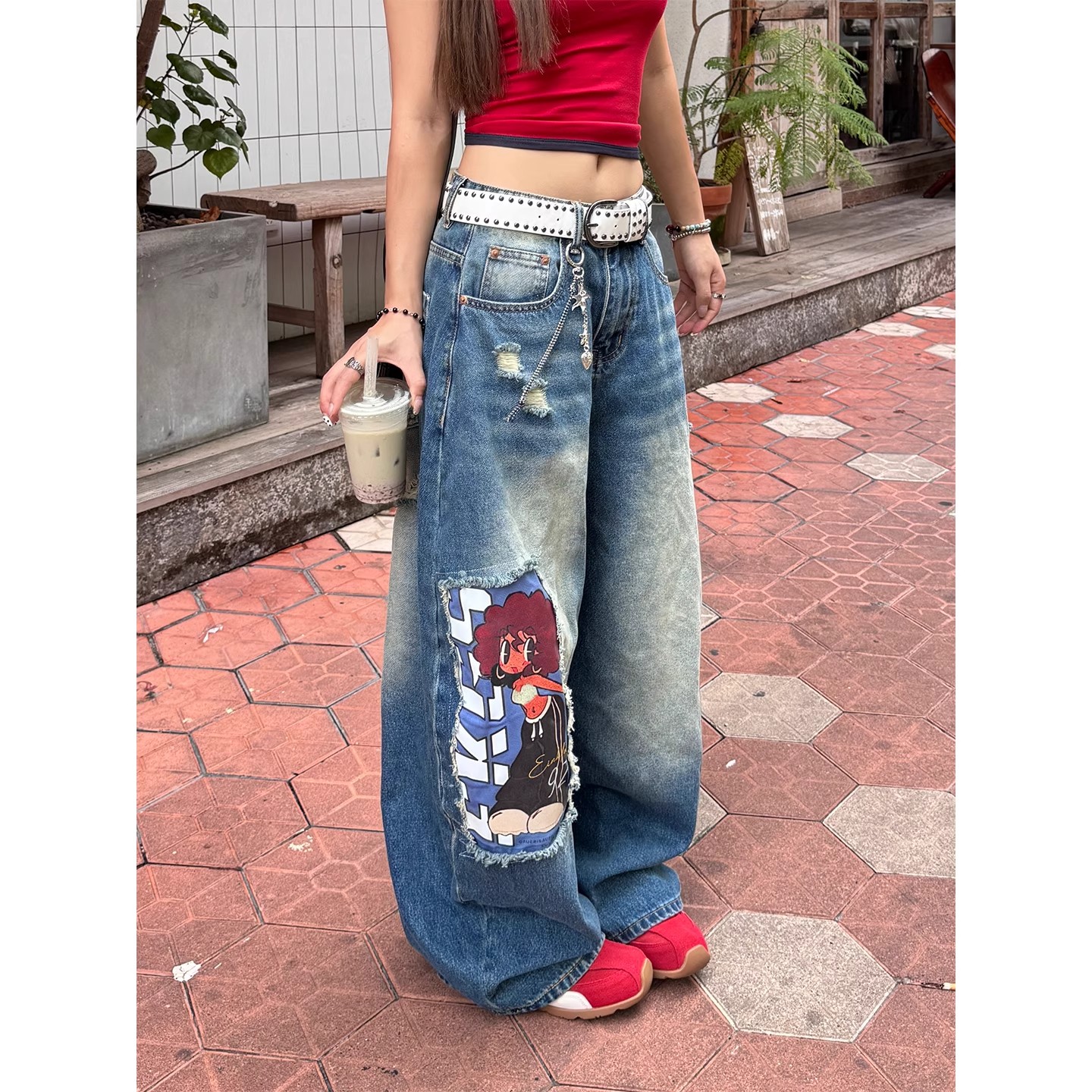 卡通拼接贴布牛仔裤男女阔腿裤潮