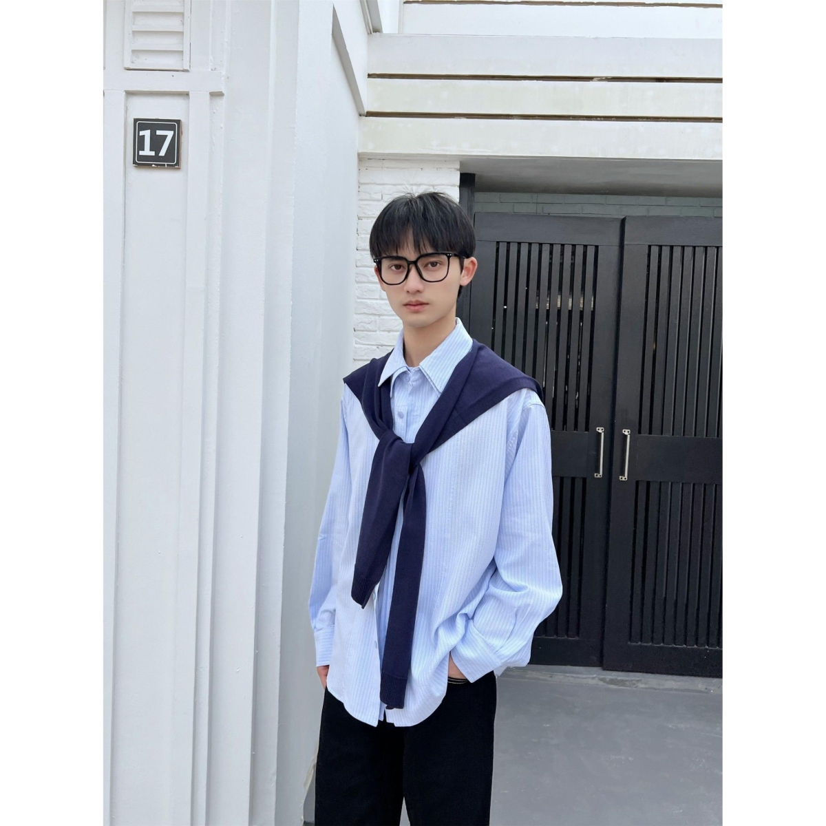 披肩条纹长袖衬衫男女假两件衬衣