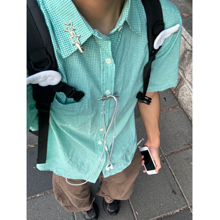 薄荷绿清新绿色格子短袖衬衫男女无性别夏季慵懒感宽松衬衣外套潮