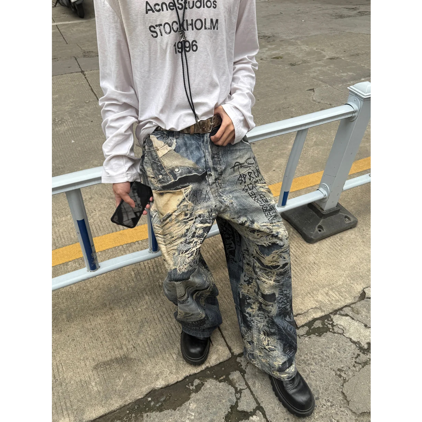 错觉糜烂破洞3D数码印花牛仔裤男女同款baggy小众美式复古阔腿裤