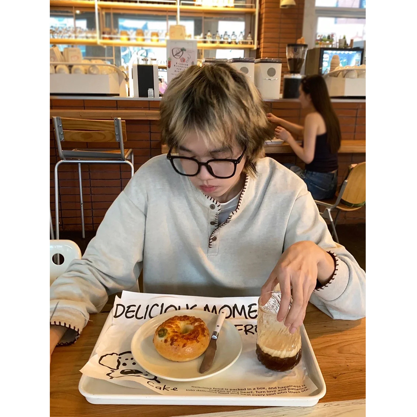 慵懒老钱风亨利领手缝线长袖卫衣男美式复古设计感宽松休闲打底衫