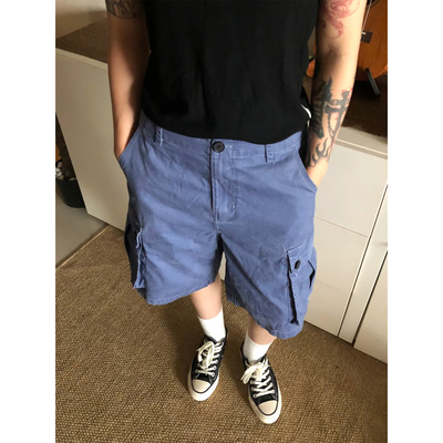 法工蓝色水洗短裤男美式复古宽松休闲裤通勤百搭五分多口袋法工裤