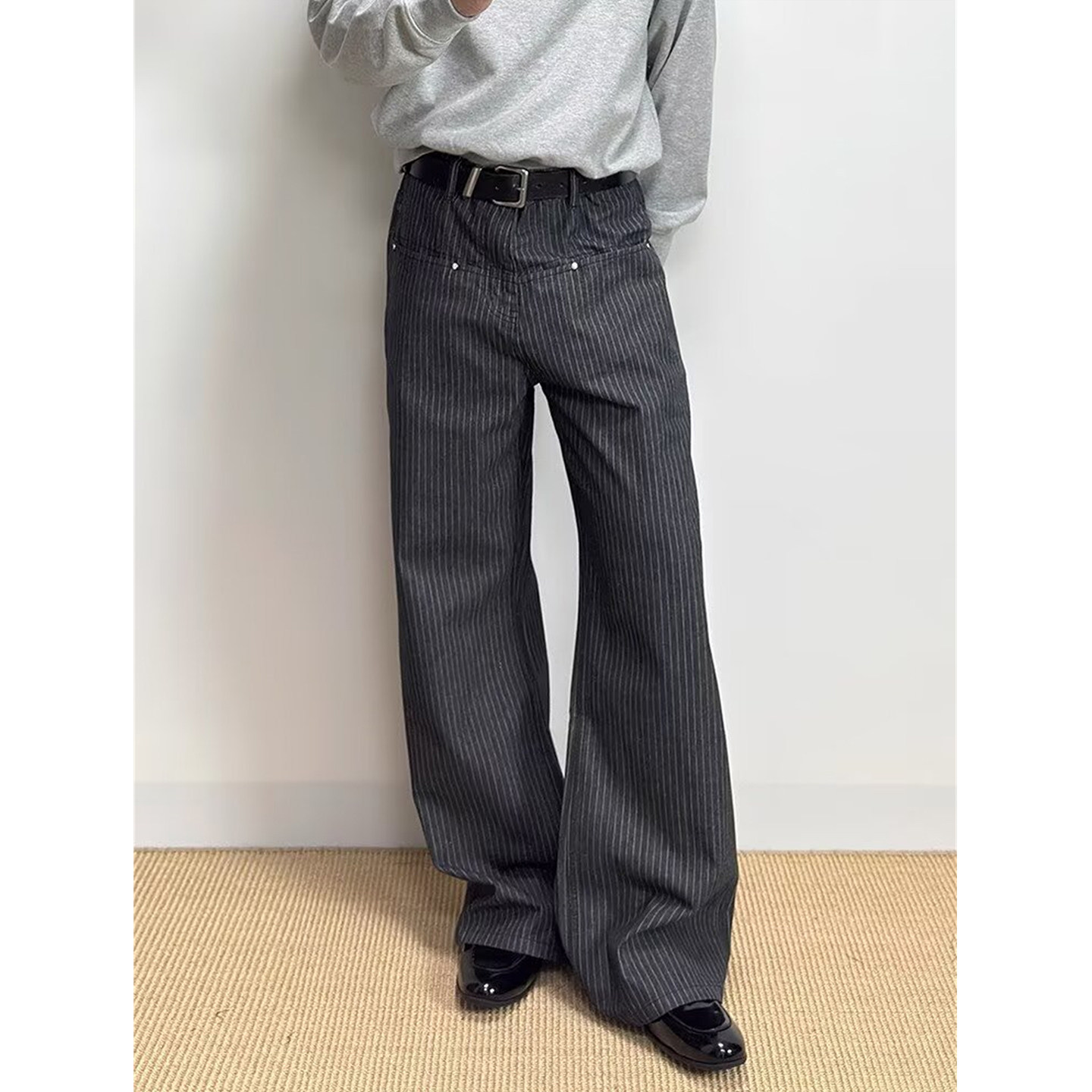 新贵老钱风竖条纹牛仔西裤男直筒宽松美式复古高级感通勤阔腿裤子