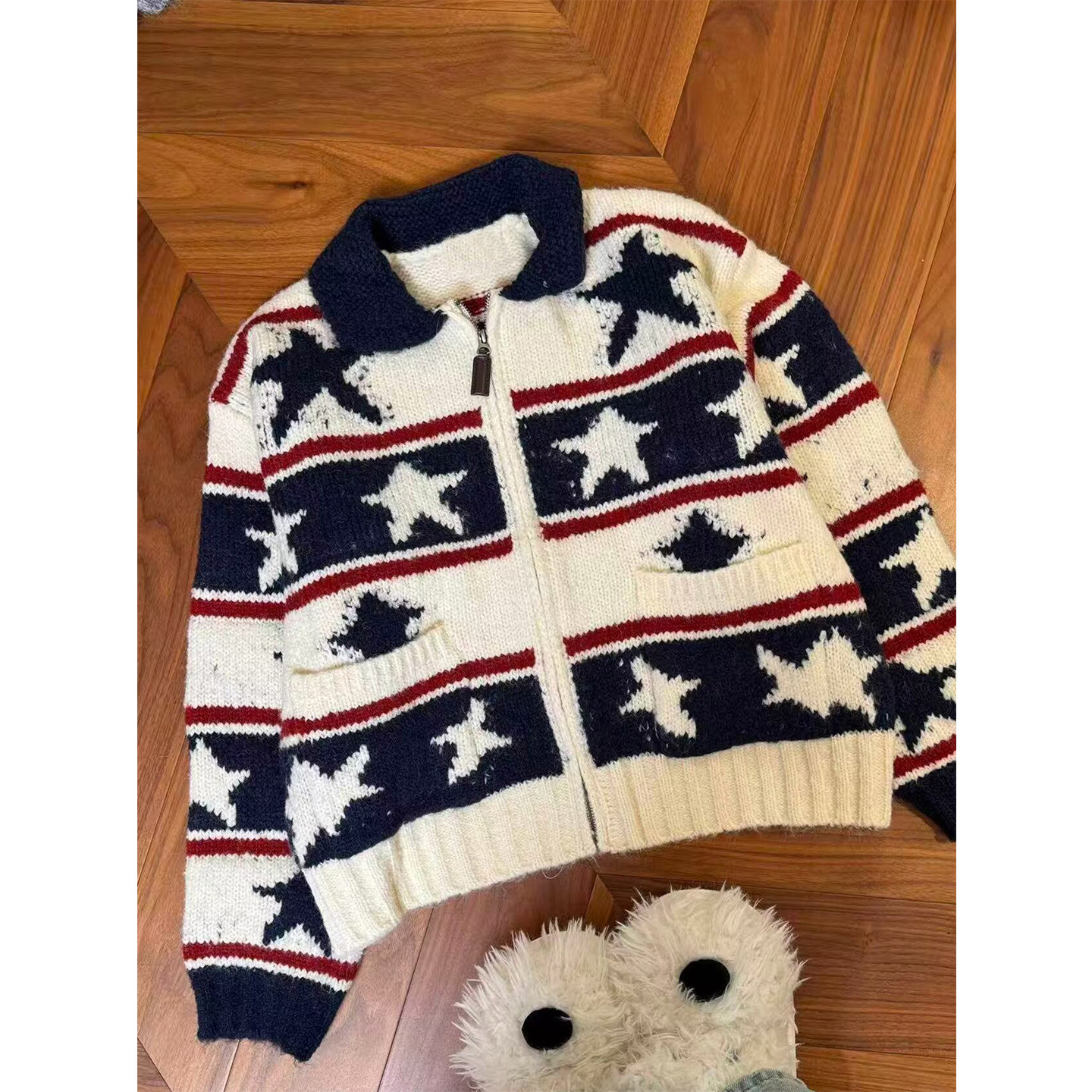 美式潮牌撞色星星毛衣针织衫男女宽松休闲慵懒感羊毛混纺开衫外套,男装,针织衫/毛衣,淘宝优惠券,粉丝福利购,淘宝优惠卷