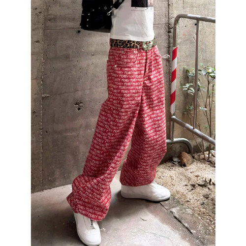 “money”数码满印红色阔腿裤男夏季街头时髦感小众宽松休闲裤子