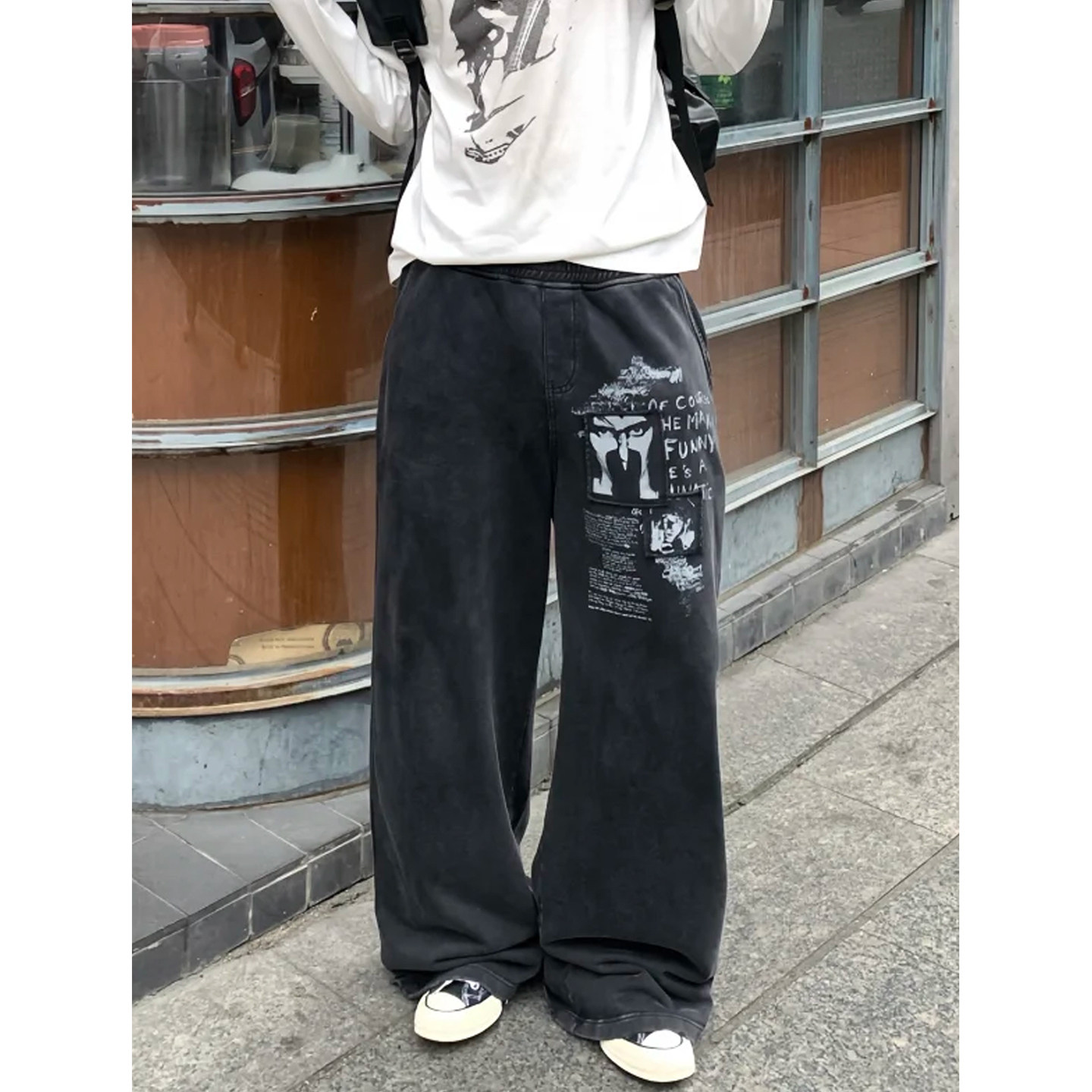 水洗做旧贴布印花阔腿卫裤男美式复古爵士跳舞穿搭运动宽松休闲裤