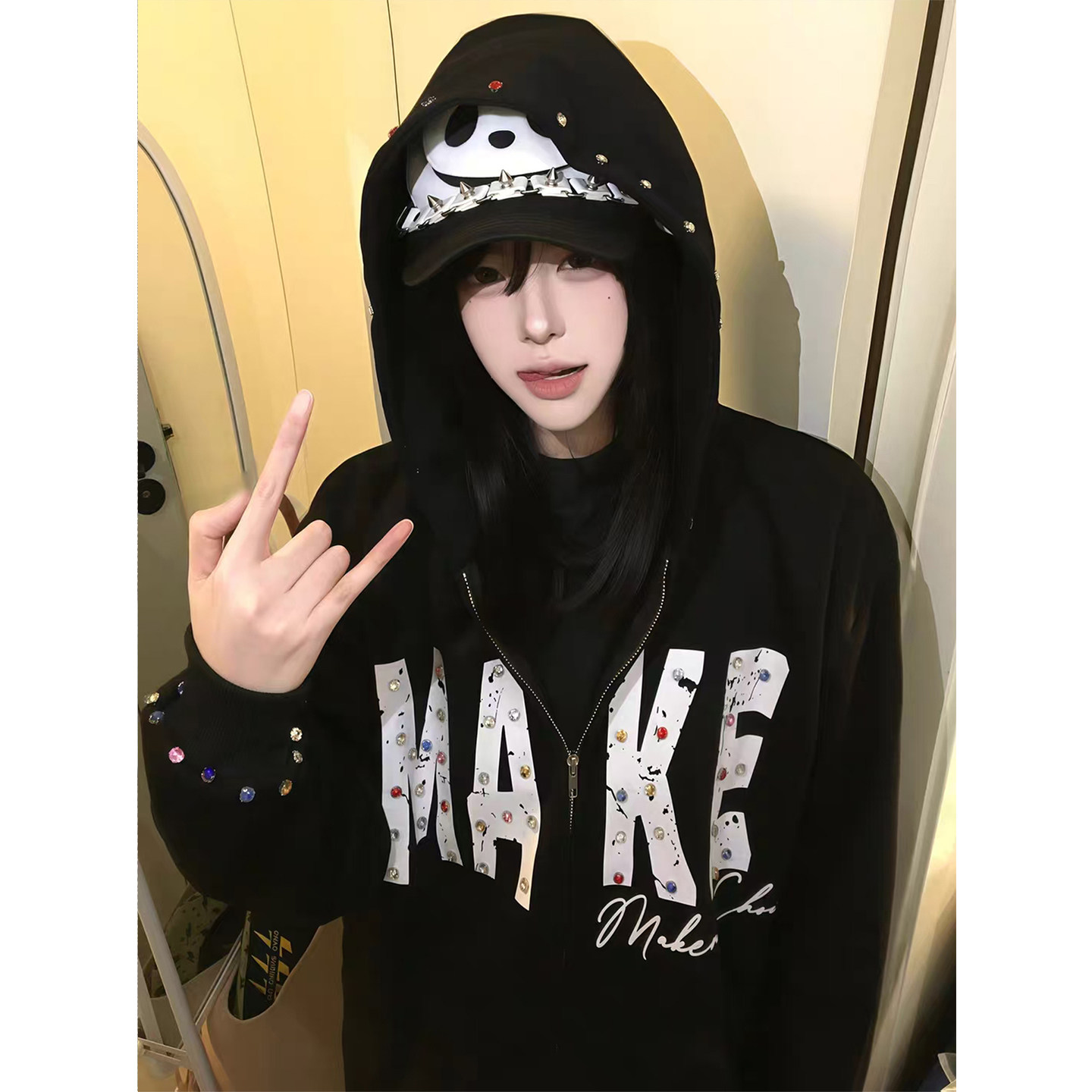 彩色烫钻铆钉卫衣外套男女同款美式复古潮牌字母印花宽松情侣开衫