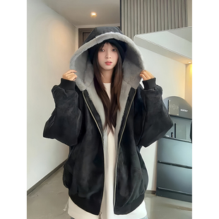 美式黑色座山雕毛领皮衣棉服男款冬季高级感cleanfit连帽棉衣外套