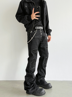 暗黑系黑色弯刀排扣破洞微喇牛仔裤男设计感小众美式高街vibe长裤