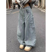 男女潮牌复古宽松廓形阔腿裤 美式 高街无性别条纹大口袋弯刀牛仔裤
