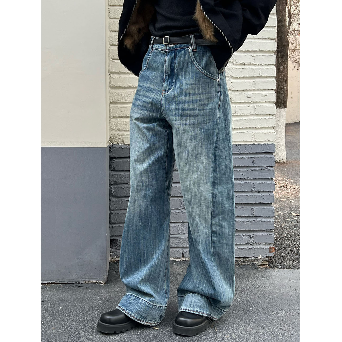 无性别蓝色竹节牛仔裤男女宽松美式复古水洗裁剪拼接纹理感阔腿裤