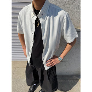 白色松弛通勤条纹短袖衬衫男夏季cleanfit宽松设计感老钱半袖外套