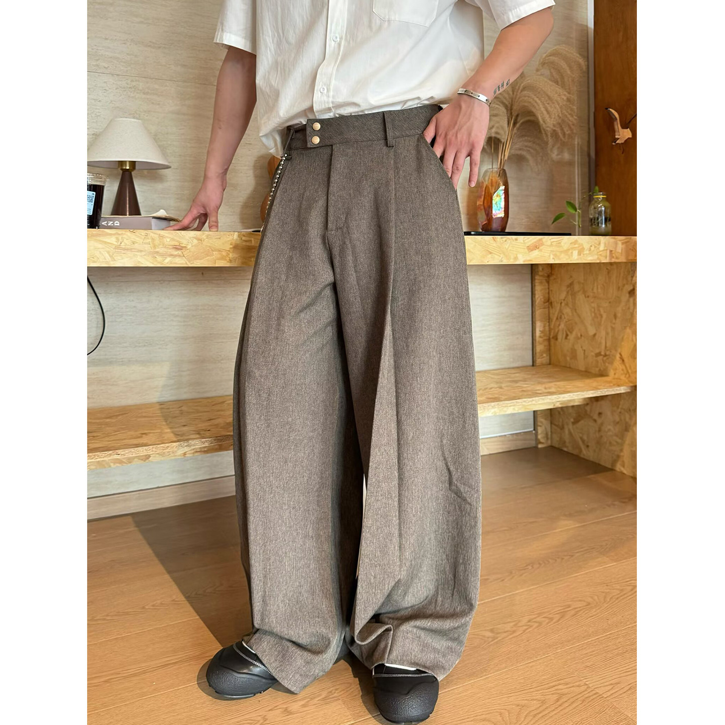 极简风复古老钱棕色西装裤男vintage美式立体裁剪宽松褶皱阔腿裤