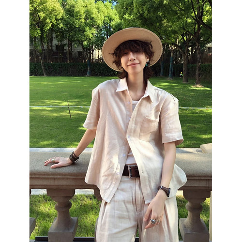 仿亚麻短袖衬衫男慵懒新贵轻奢休闲通勤老钱风高质感宽松半袖外套