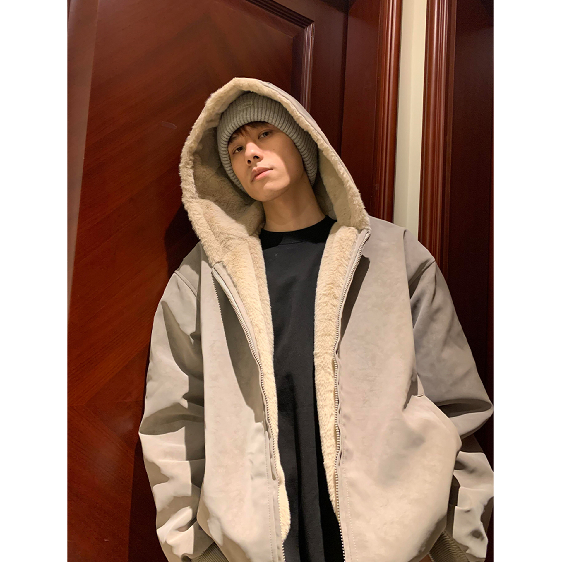 荔枝纹皮连帽座山雕棉服外套男冬季加绒加厚保暖PU皮毛领棉衣夹克