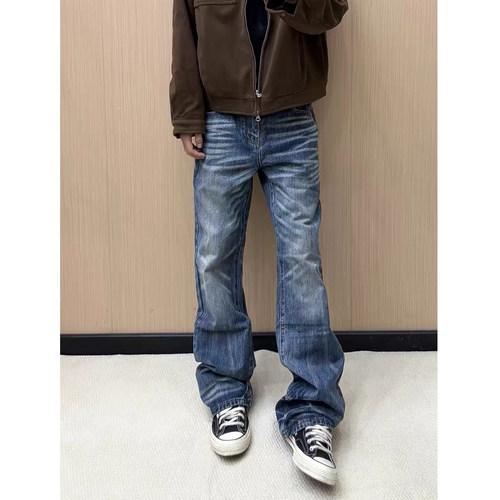 冰蓝裂痕猫须街头轻亚修身微喇skinny牛仔裤男线条刺绣直筒长裤子
