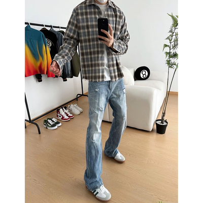 517蓝牛美式复古蓝色流苏破坏微喇牛仔裤cleanfit痞帅休闲长裤男