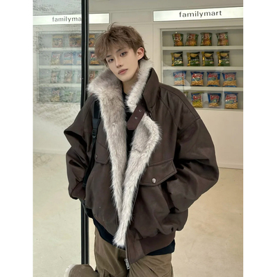 美式复古毛领拼接PU皮衣棉服男女冬季保暖加厚座山雕御寒皮面夹克