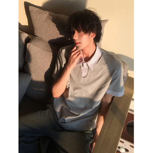 复古慵懒感宽松拼接款 竹节肌理假两件短袖 美式 polo衫 上衣 男女夏季