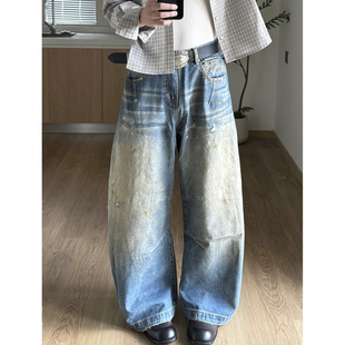 美式复古廓形水洗脏黄泥染做旧弯刀牛仔裤男女宽松堆积垂感阔腿裤