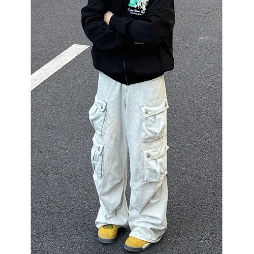 美式复古重工多口袋水洗直筒工装裤男女街头潮牌宽松休闲阔腿长裤
