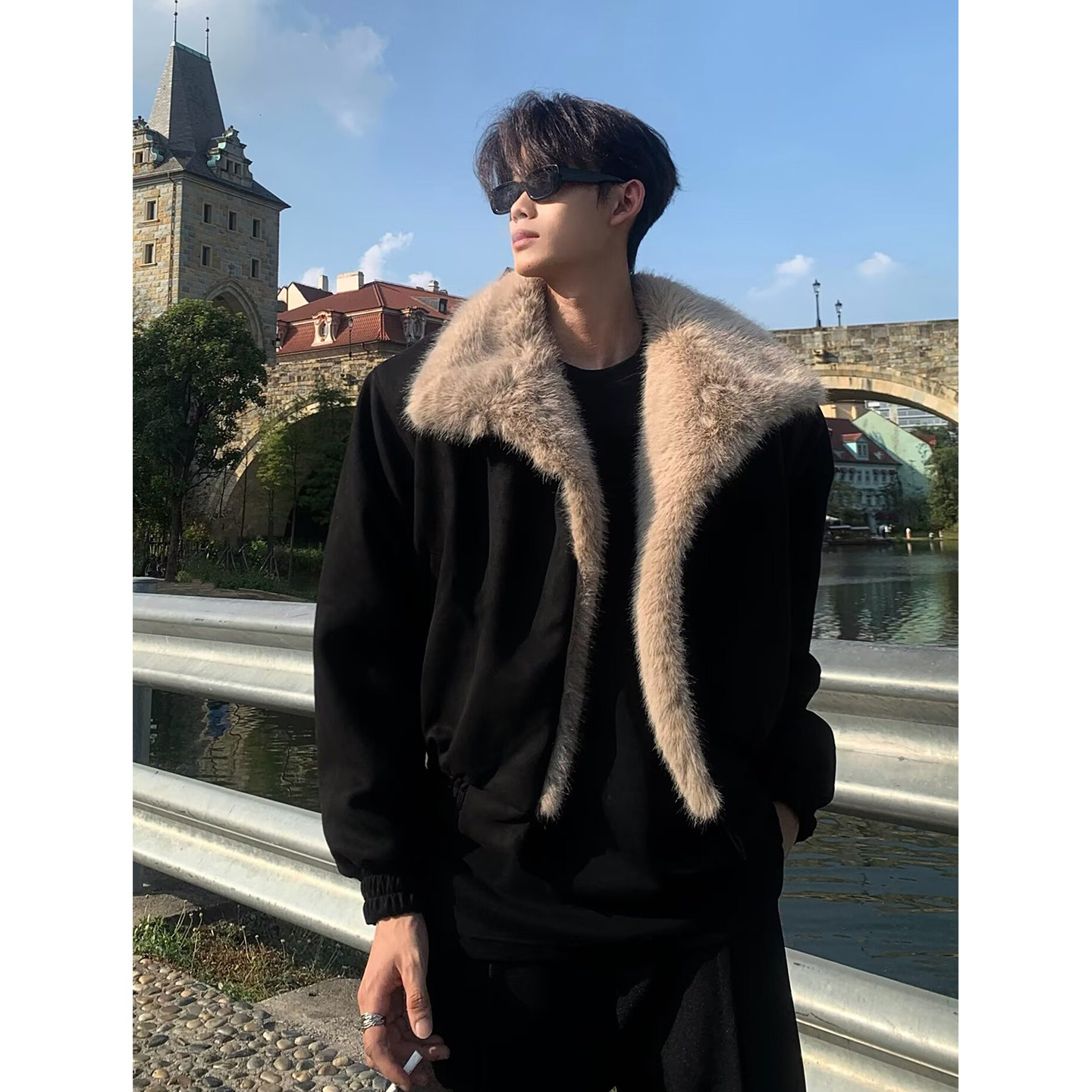 黑色座山雕毛绒立领棉服外套男美式复古cleanfit冬季保暖加厚夹克