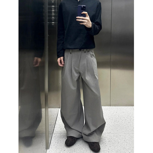 cleanfit复古通勤风灰咖阔腿西装裤男美式老钱风廓形垂感休闲西裤