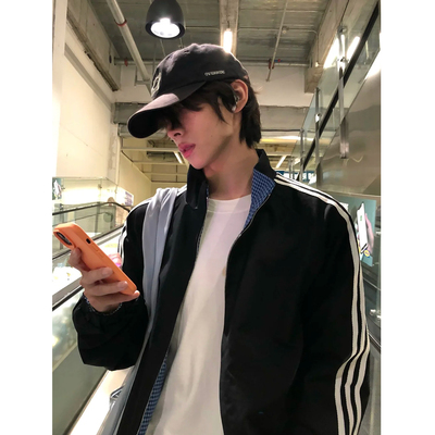 美式松弛感百搭条纹拼接立领外套男春季休闲风宽松格子两面穿夹克