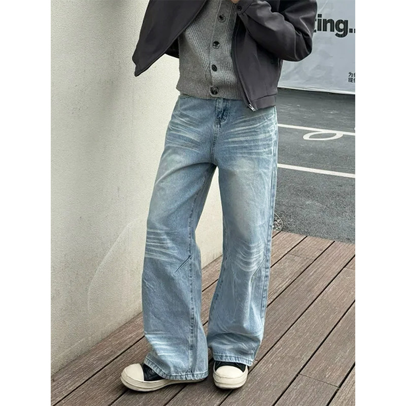 水洗蓝色捏褶牛仔裤男女cleanfit美式街头复古休闲宽松阔腿长裤子