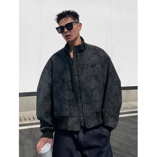 街头硬汉风穿搭扎染PU皮飞行员棒球服夹克男春秋美式廓形痞帅外套