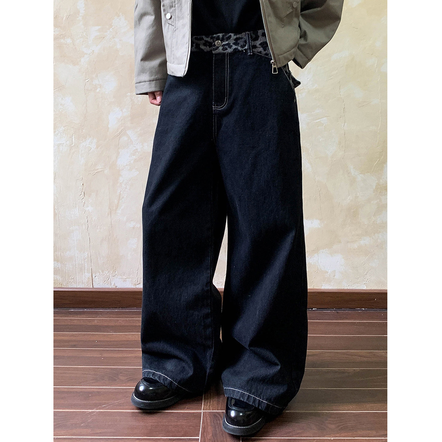 美式复古豹纹拼接原色弯刀牛仔裤男女设计感轻亚比风格宽松阔腿裤