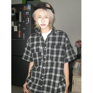 慵懒黑格子短袖衬衫男女夏季日系复古松弛感宽松休闲半袖衬衣外套