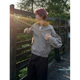 威尔士亲王千鸟格拼色夹克男春秋季宽松休闲复古高级感哈灵顿外套