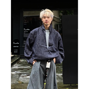 美式原牛假两件V领夹克男宽松休闲硬挺老钱风设计感立领牛仔外套