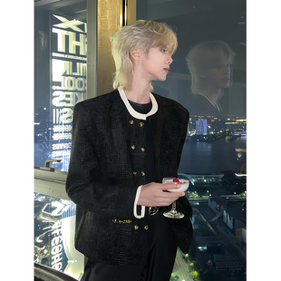 黑色小香风双排扣外套男春秋季男模穿搭高级感垫肩夹克高级感上衣