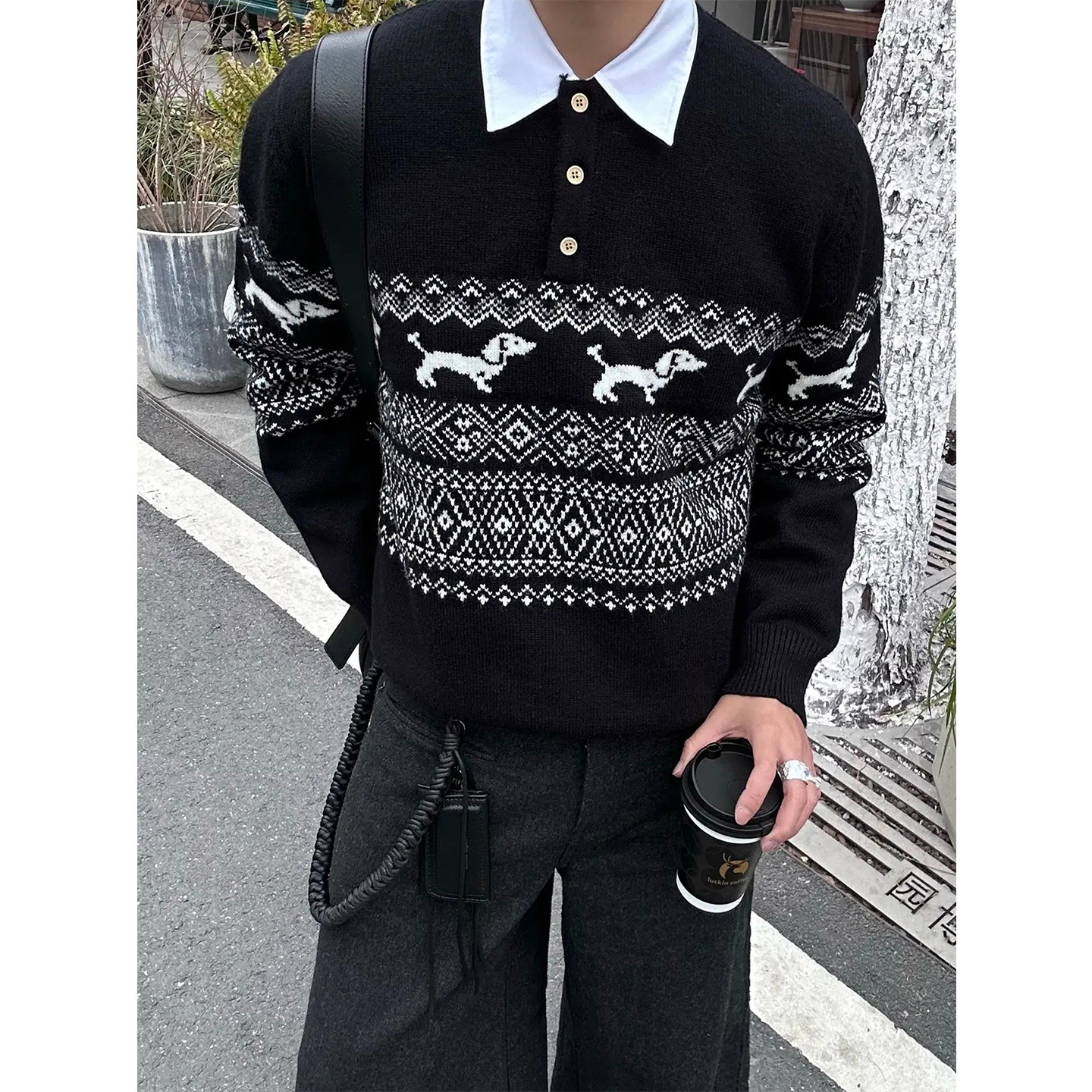 腊肠狗费尔岛亨利领套头针织毛衣男女秋冬季复古慵懒休闲长袖上衣