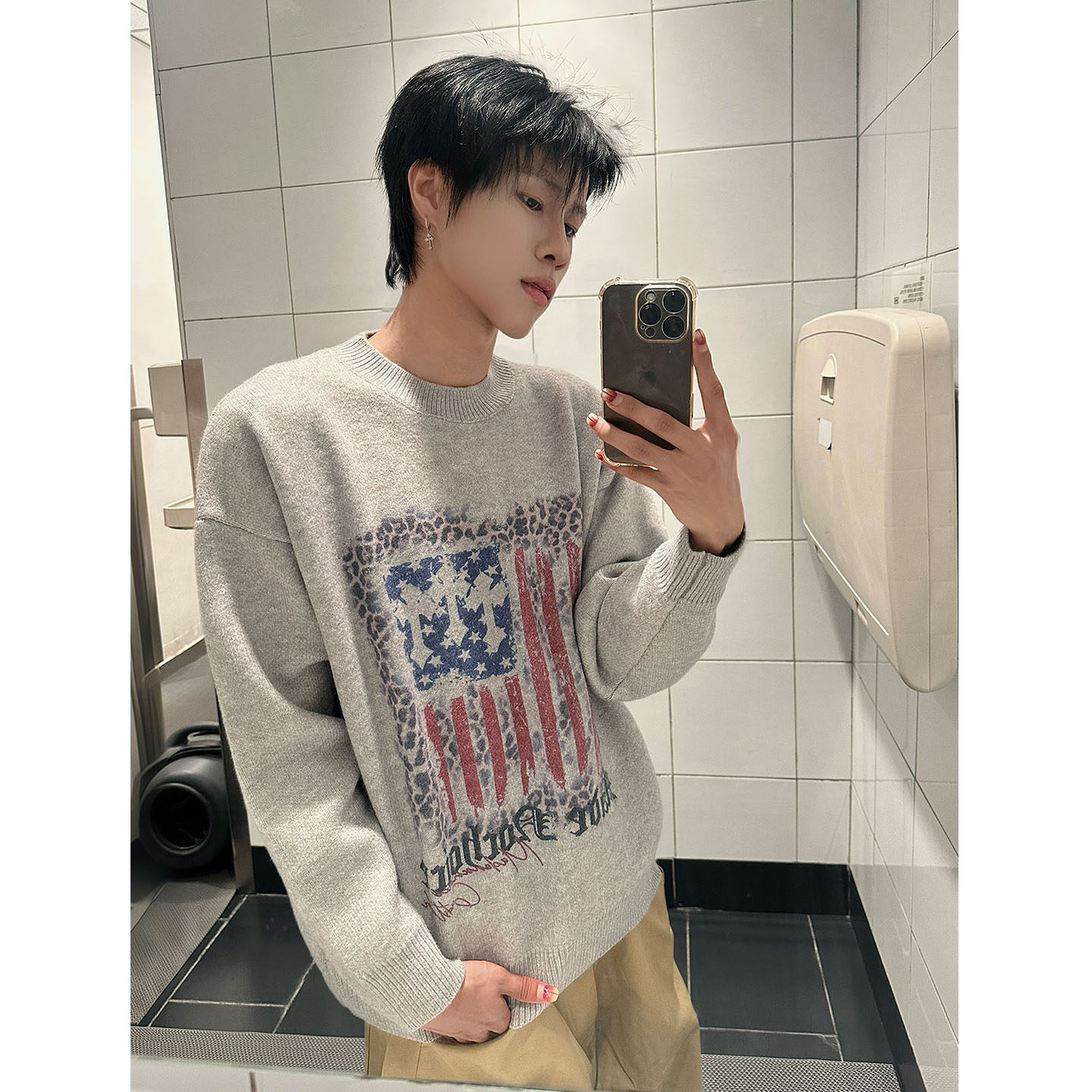 美式复古豹纹旗帜印花圆领毛衣男女宽松松弛街头小众设计感针织衫