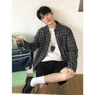 黑格子日系松弛感基础长袖衬衫男早春慵懒风休闲宽松格子薄外套潮