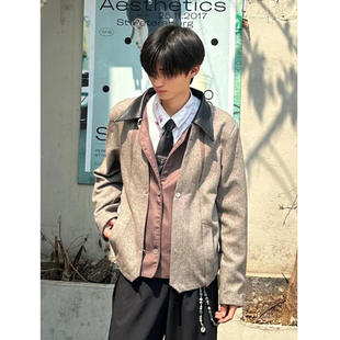 新贵宫廷几何风假两件老钱夹克男美式cleanfit春秋季翻领宽松外套