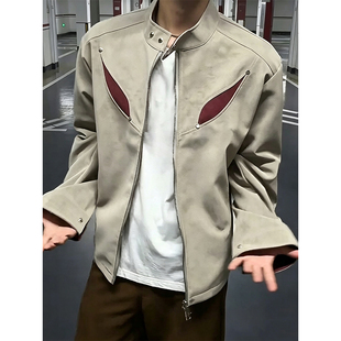 小众撞色解构铆钉棒球服立领皮衣夹克男春秋季美式超火设计感外套