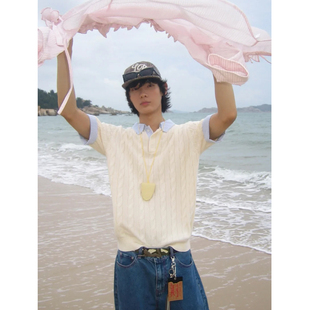 老钱风假两件衬衫领针织短袖polo衫男款夏季宽松高智感情侣T恤女